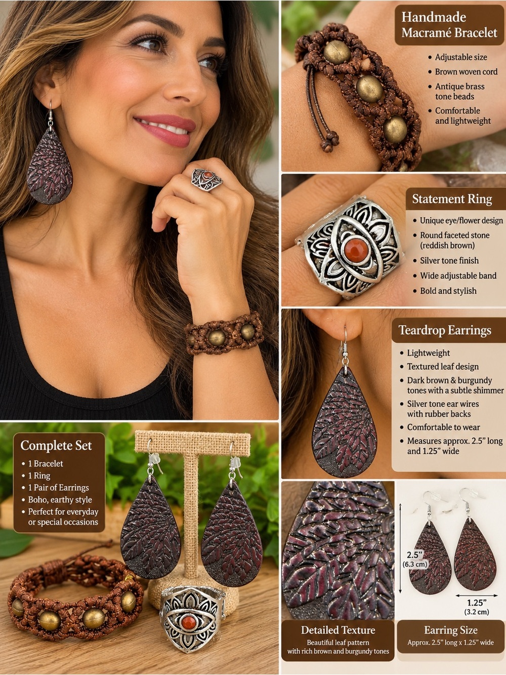 3 pcs Boho Earrings, Macramé Bracelet & Statement Ring Set - Brown/Burgundy